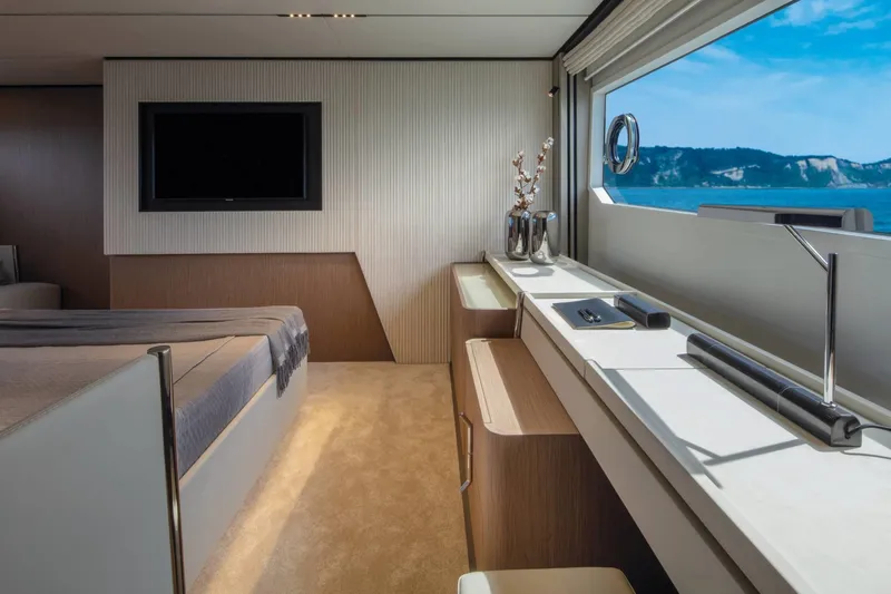  Yacht Photos Pics Luxurious interior of 2025 Ferretti Yachts 720 with scenic ocean view.