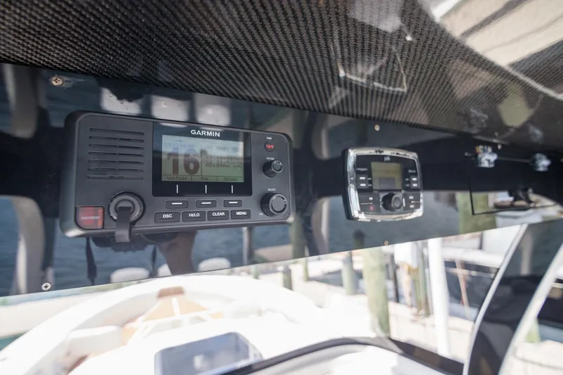  Yacht Photos Pics 2016 Edgewater 368CC boat dashboard with Garmin marine electronics.