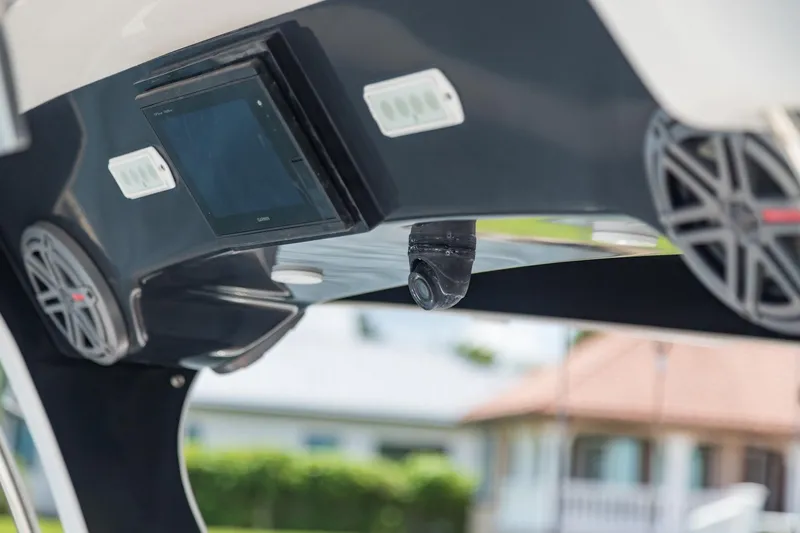  Yacht Photos Pics 2016 Edgewater 368CC boat interior with speakers and electronic display.