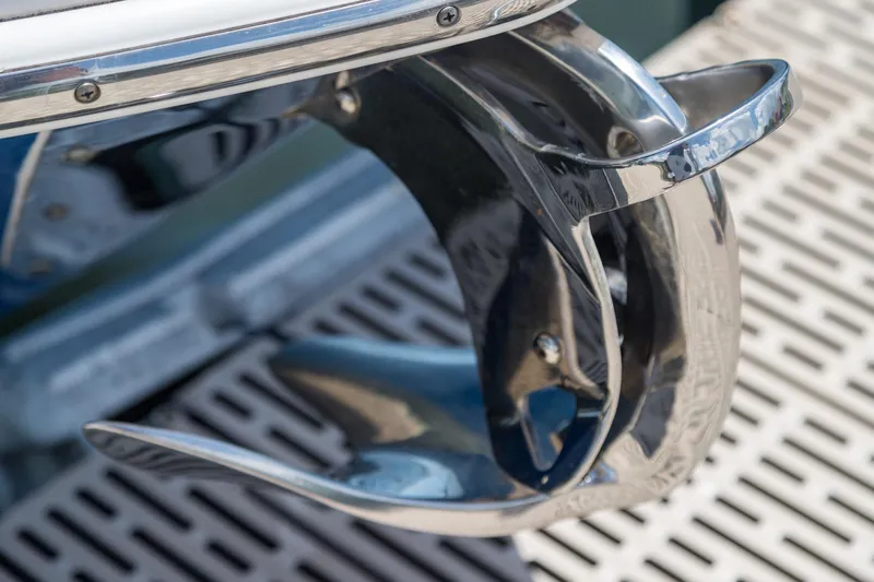  Yacht Photos Pics Close-up of a 2016 Edgewater 368CC boat's polished stainless steel propeller.