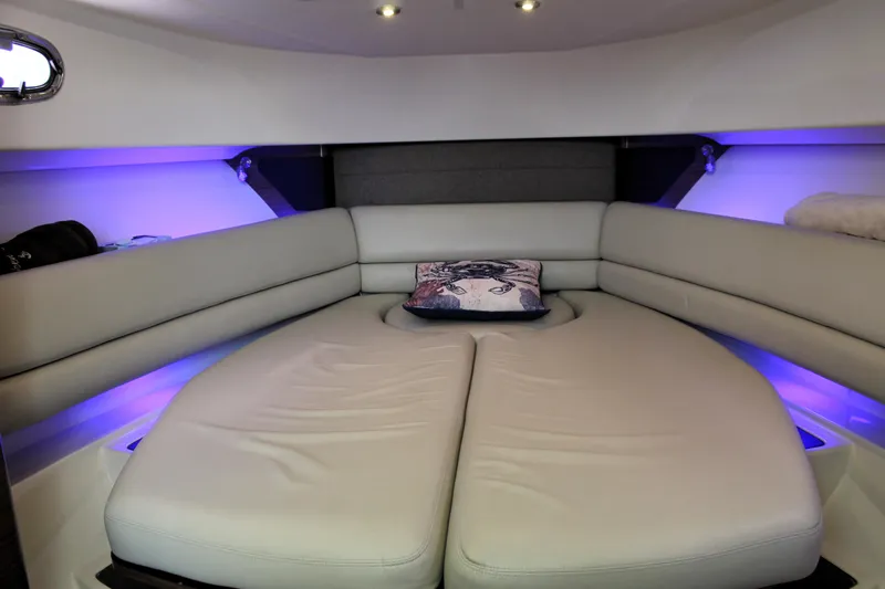 F-troop Yacht Photos Pics Luxurious interior of 2017 Boston Whaler 345 Conquest with ambient lighting and plush seating.