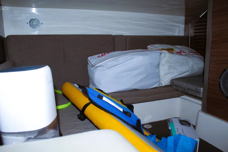 F-troop Yacht Photos Pics Interior cabin of 2017 Boston Whaler 345 Conquest with safety gear and equipment.