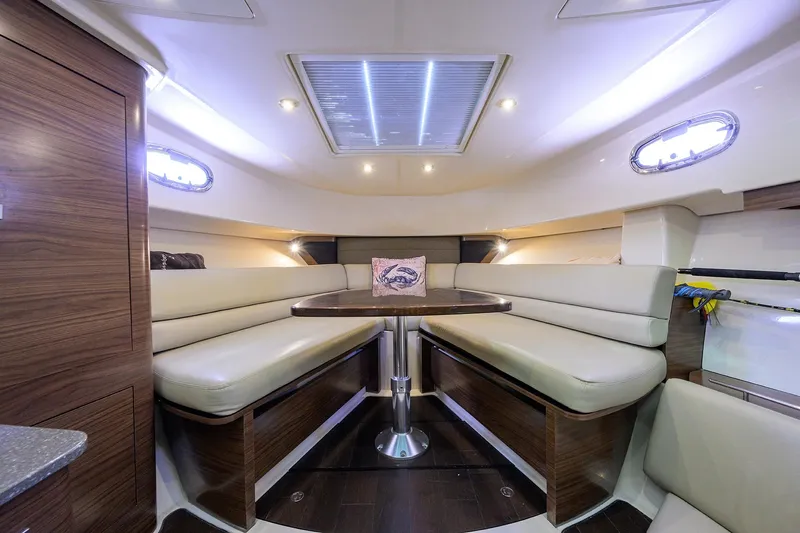 F-troop Yacht Photos Pics Interior of 2017 Boston Whaler 345 Conquest, featuring elegant seating and modern design.