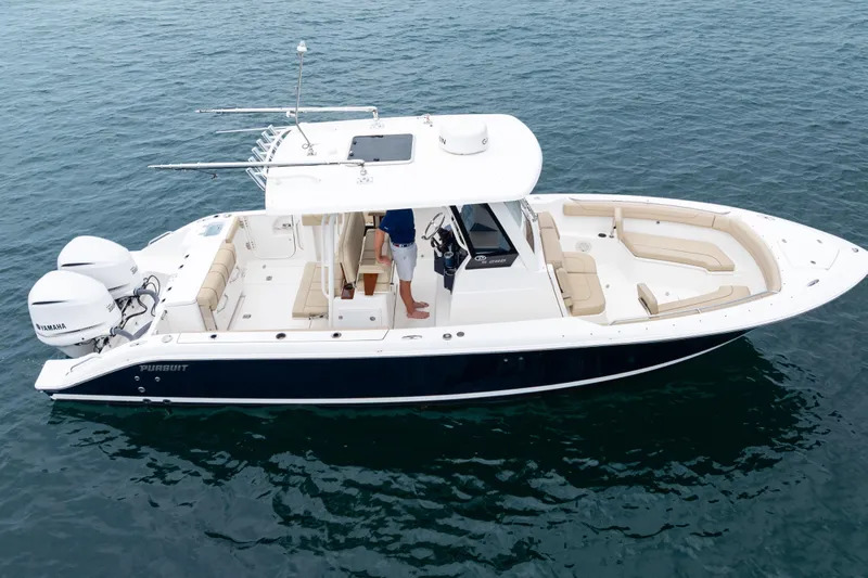Little Perspective Yacht Photos Pics 2019 Pursuit S 288 Sport boat on water, featuring dual Yamaha engines.