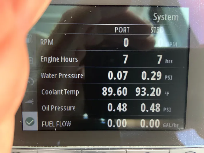  Yacht Photos Pics Display screen of 2025 Jeanneau NC 1095 Coupe showing engine metrics and system status.