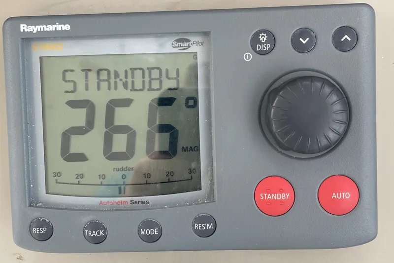 Maddie Janes Yacht Photos Pics Raymarine autopilot display on 2009 Sea Ray 40 Sundancer, showing standby mode at 266 degrees.