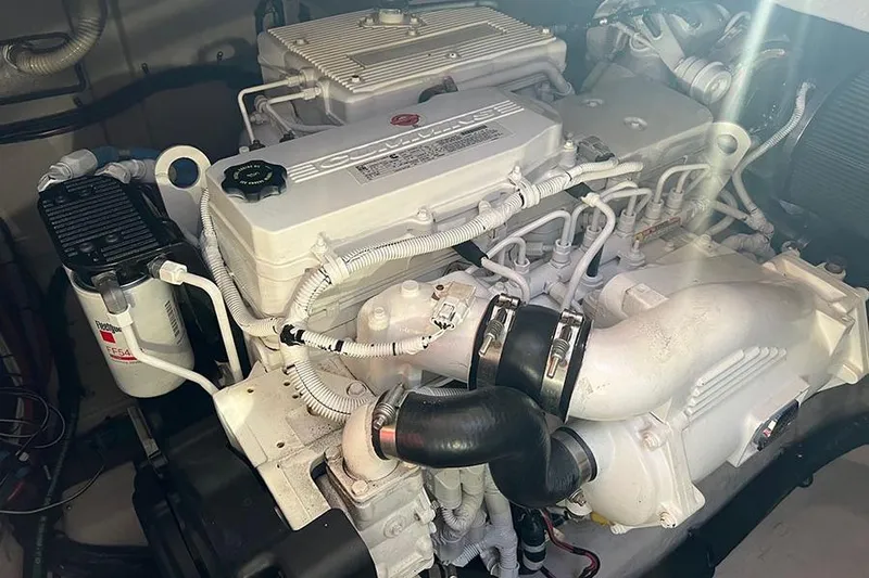  Yacht Photos Pics Engine of a 2015 Sea Ray 470 Sundancer yacht, showcasing intricate mechanical components.
