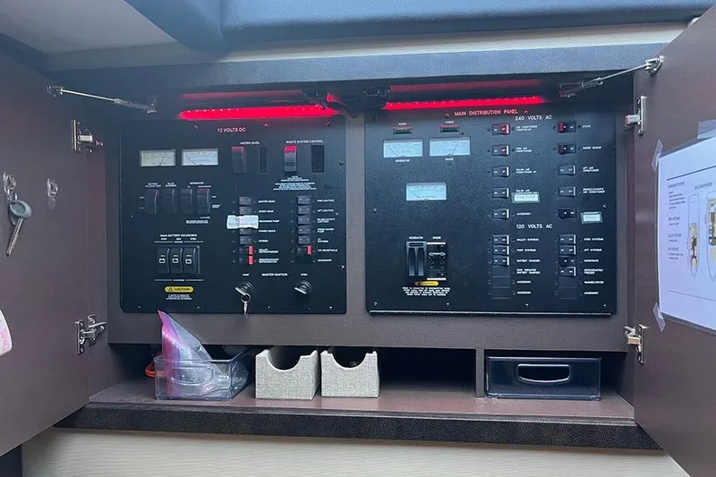  Yacht Photos Pics Electrical control panel inside a 2015 Sea Ray 470 Sundancer yacht, featuring various switches and meters.