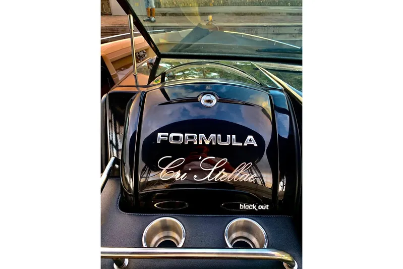 Cri Stellae Yacht Photos Pics 2018 Formula 350 Crossover Bowrider dashboard with "Cri Stella" branding and cup holders.