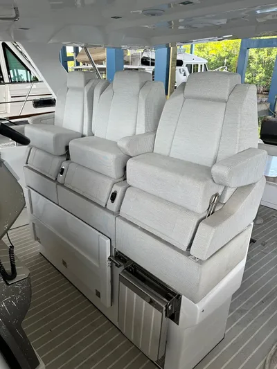  Yacht Photos Pics Luxury seating on 2020 Azimut Verve 40 yacht, featuring plush white upholstery.