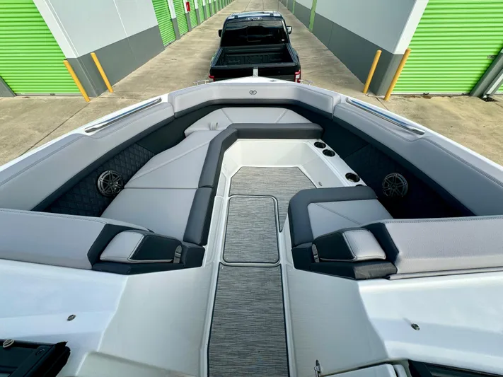  Yacht Photos Pics 2022 Cobalt R8 Outboard boat interior with gray seating and modern design.