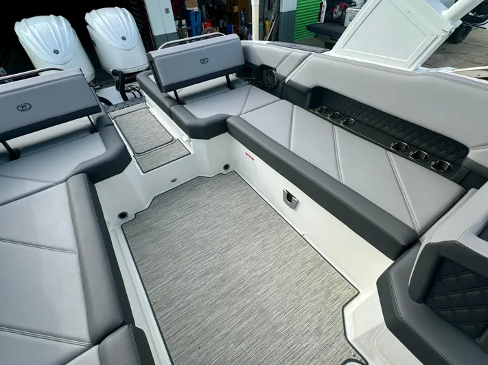 Yacht Photos Pics 2022 Cobalt R8 Outboard boat interior with sleek gray seating and modern design.