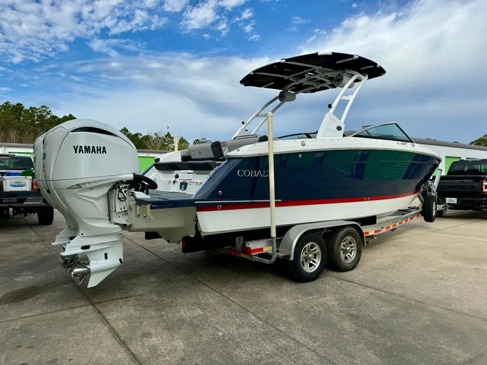  Yacht Photos Pics 2022 Cobalt R8 Outboard boat with Yamaha engine on trailer.
