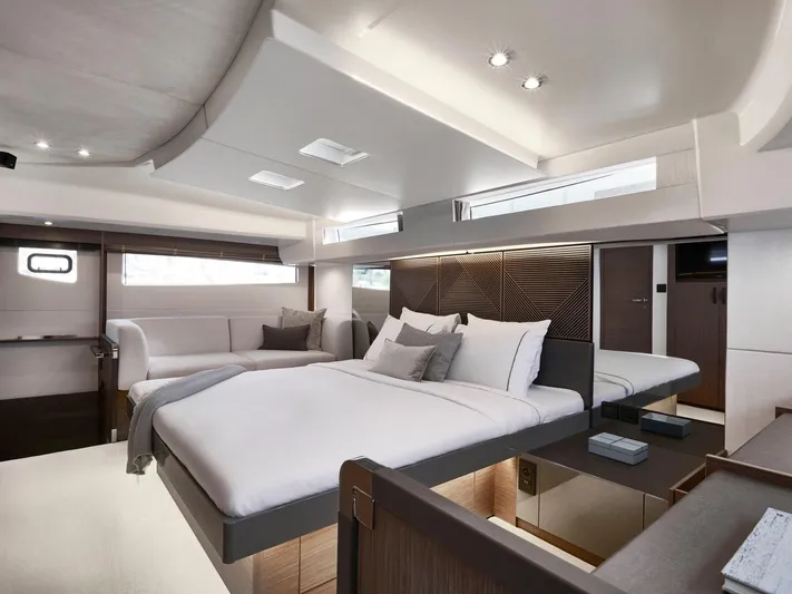  Yacht Photos Pics Luxurious interior of 2025 Prestige M48 yacht with modern bedroom design.