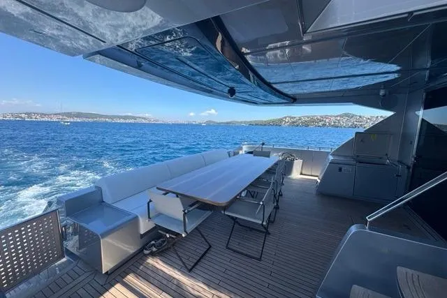  Yacht Photos Pics Luxurious 2019 Riva 100' Corsaro yacht deck with ocean view and seating area.