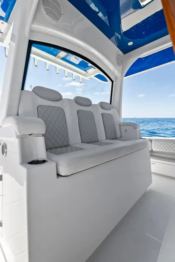 Strong III Yacht Photos Pics 2022 HCB Suenos boat interior with luxurious seating and ocean view.