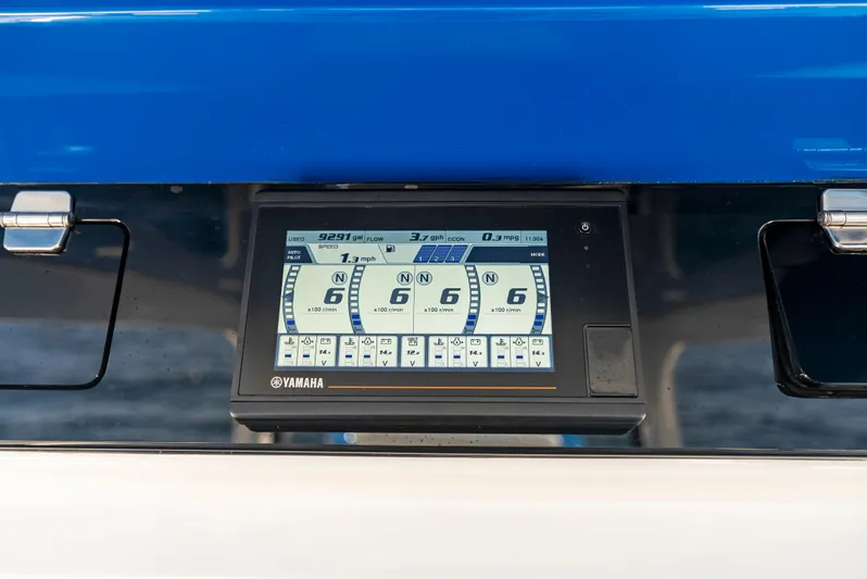 Strong III Yacht Photos Pics Yamaha display on 2022 HCB Suenos boat dashboard, showing engine data.