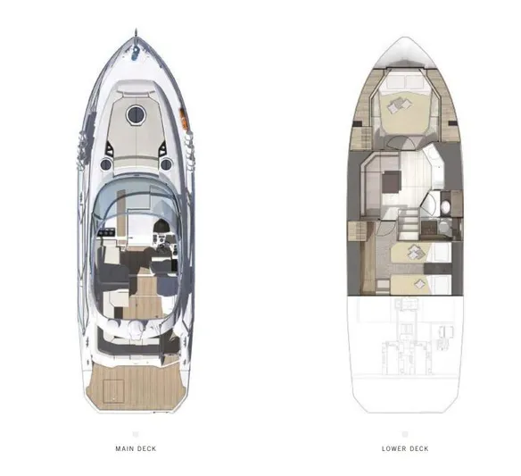  Yacht Photos Pics 2023 Cranchi Z35 yacht floor plan showing main and lower decks layout.