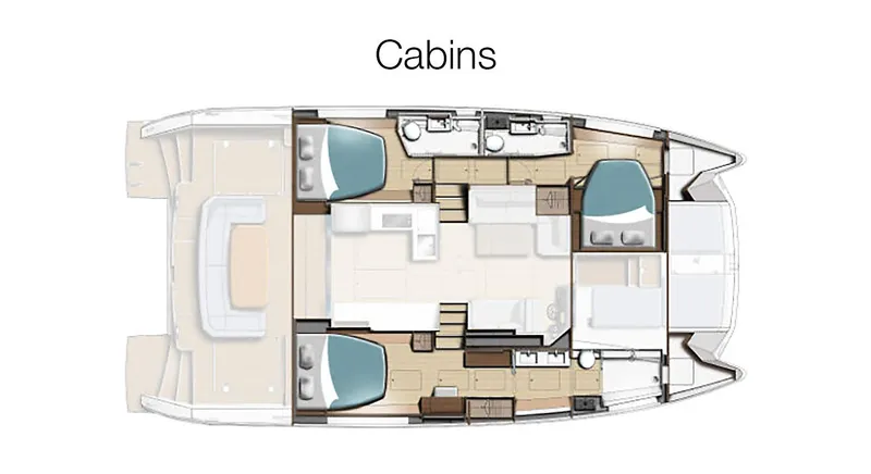 Hamlet Yacht Photos Pics Floor plan of 2023 Leopard 46PC yacht cabins, featuring three bedrooms and two bathrooms.