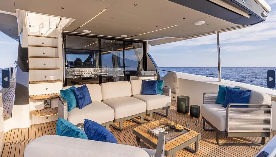 Luxurious 2025 Absolute 60 Fly yacht deck with elegant seating and ocean view.