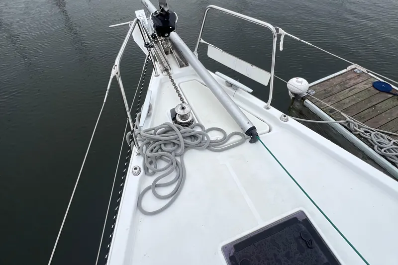  Yacht Photos Pics Beneteau Oceanis 41.1 sailboat deck with ropes and winch, docked at marina, 2020 model.