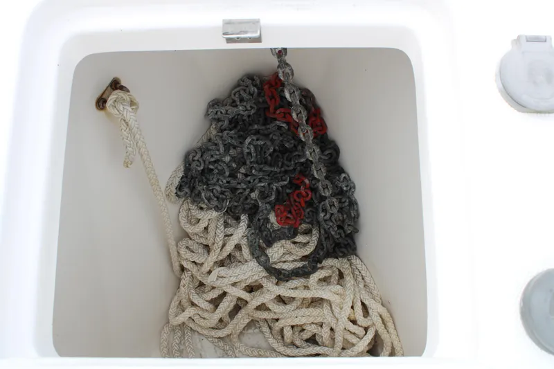 Irish Luck Yacht Photos Pics Anchor chain and rope in Mainship Pilot 34 boat storage compartment, 2002 model.