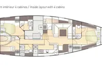 Four-cabin interior layout of 2012 Amel 64 yacht, showcasing spacious design and amenities.
