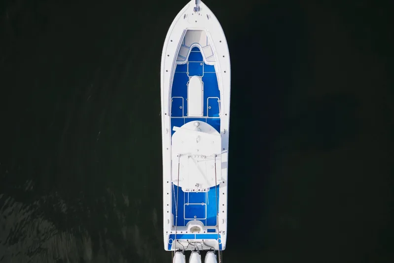  Yacht Photos Pics Aerial view of 2007 Yellowfin 36 Offshore boat on dark water.