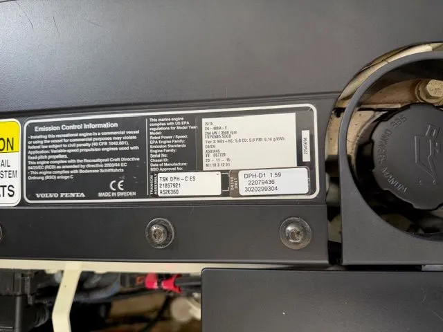  Yacht Photos Pics Emission control label of a 2016 Cobalt A40 boat engine.
