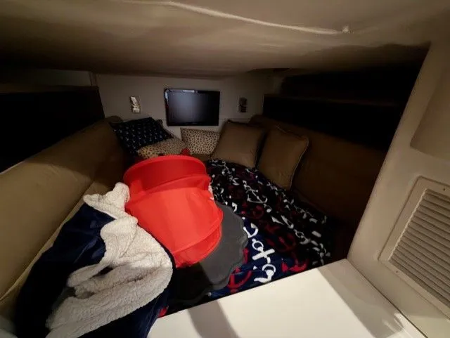  Yacht Photos Pics Interior of a 2016 Cobalt A40 with cozy pillows and blankets.