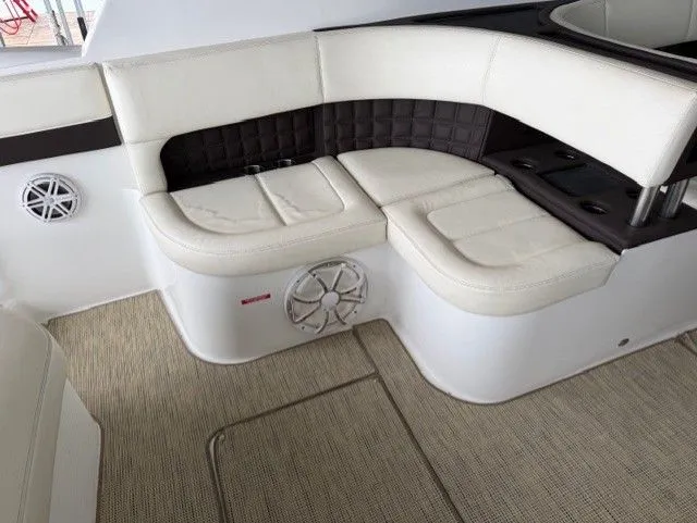  Yacht Photos Pics Interior of 2016 Cobalt A40 boat with beige seating area.