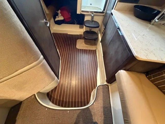  Yacht Photos Pics Interior of a 2016 Cobalt A40 yacht with wooden flooring.