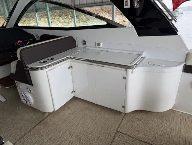  Yacht Photos Pics Interior of a 2016 Cobalt A40 yacht with sleek kitchenette.