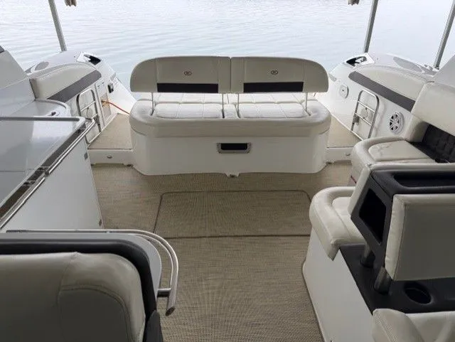  Yacht Photos Pics Interior of a 2016 Cobalt A40 yacht with white seating.