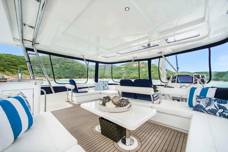 Deep Blue Yacht Photos Pics Luxurious 2016 Leopard 58 Catamaran interior with elegant seating and scenic ocean view.