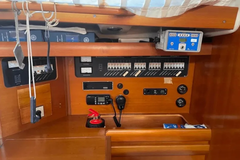  Yacht Photos Pics Control panel of a 2003 Cantiere del Pardo Grand Soleil 43 yacht interior.