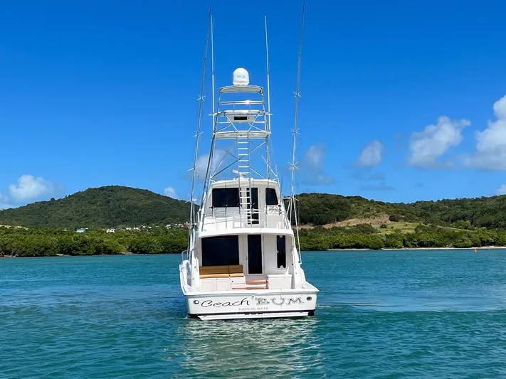  Yacht Photos Pics Bertram 670 boat (2004) on clear blue water with scenic island background.