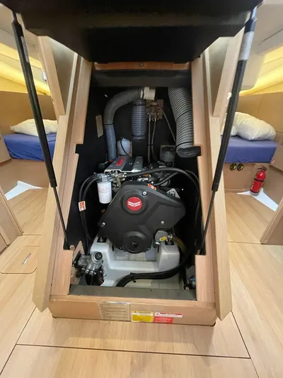  Yacht Photos Pics Engine compartment of 2020 Jeanneau Sun Odyssey 440 sailboat, showcasing modern design and functionality.