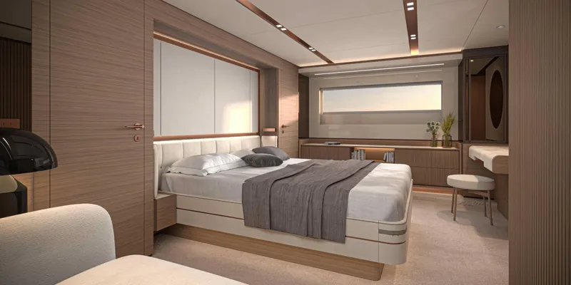 Yacht Photos Pics Luxurious bedroom interior of 2025 Solaris Power 70 Long Range yacht.