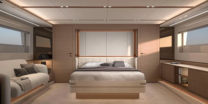  Yacht Photos Pics Luxurious interior of 2025 Solaris Power 70 Long Range yacht bedroom.