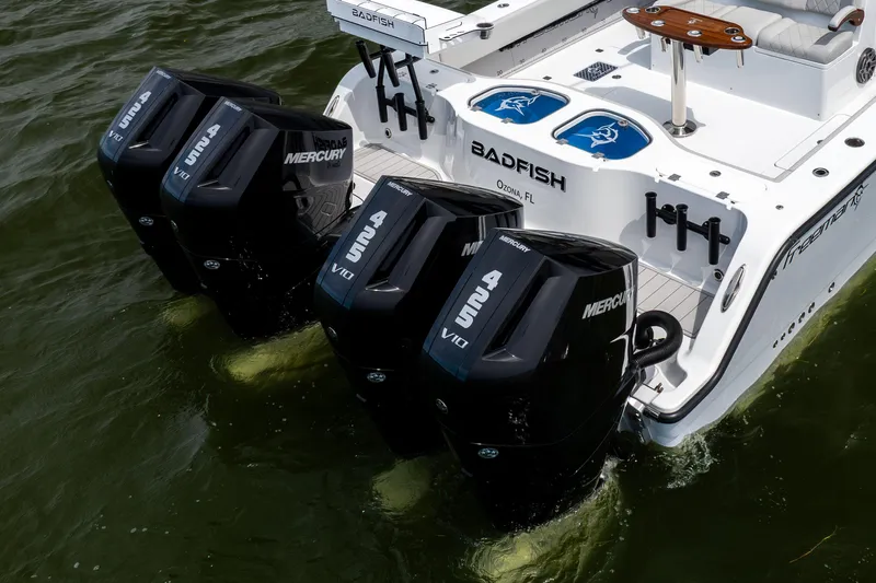  Yacht Photos Pics Freeman 42 LR 2025 boat with four Mercury outboard engines on water.