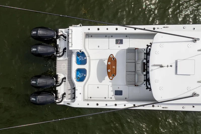 Yacht Photos Pics Overhead view of 2025 Freeman 42 LR boat with four engines and spacious deck.