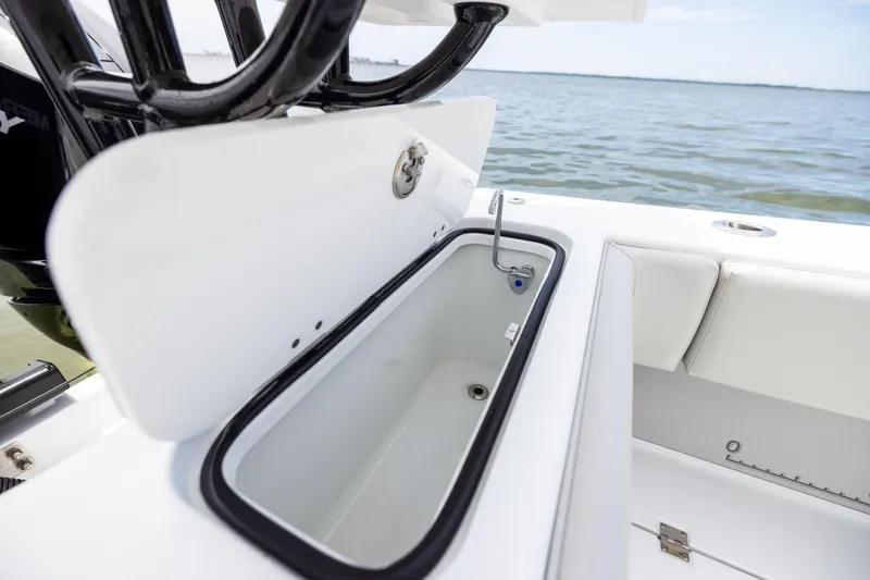  Yacht Photos Pics Open storage compartment on Freeman 42 LR boat, 2025 model, with ocean view.