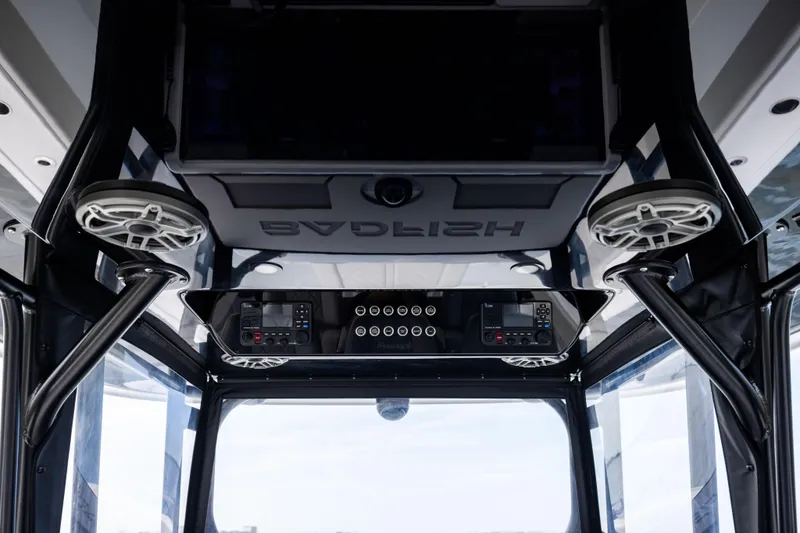  Yacht Photos Pics Interior view of 2025 Freeman 42 LR boat, featuring advanced control panel and speakers.