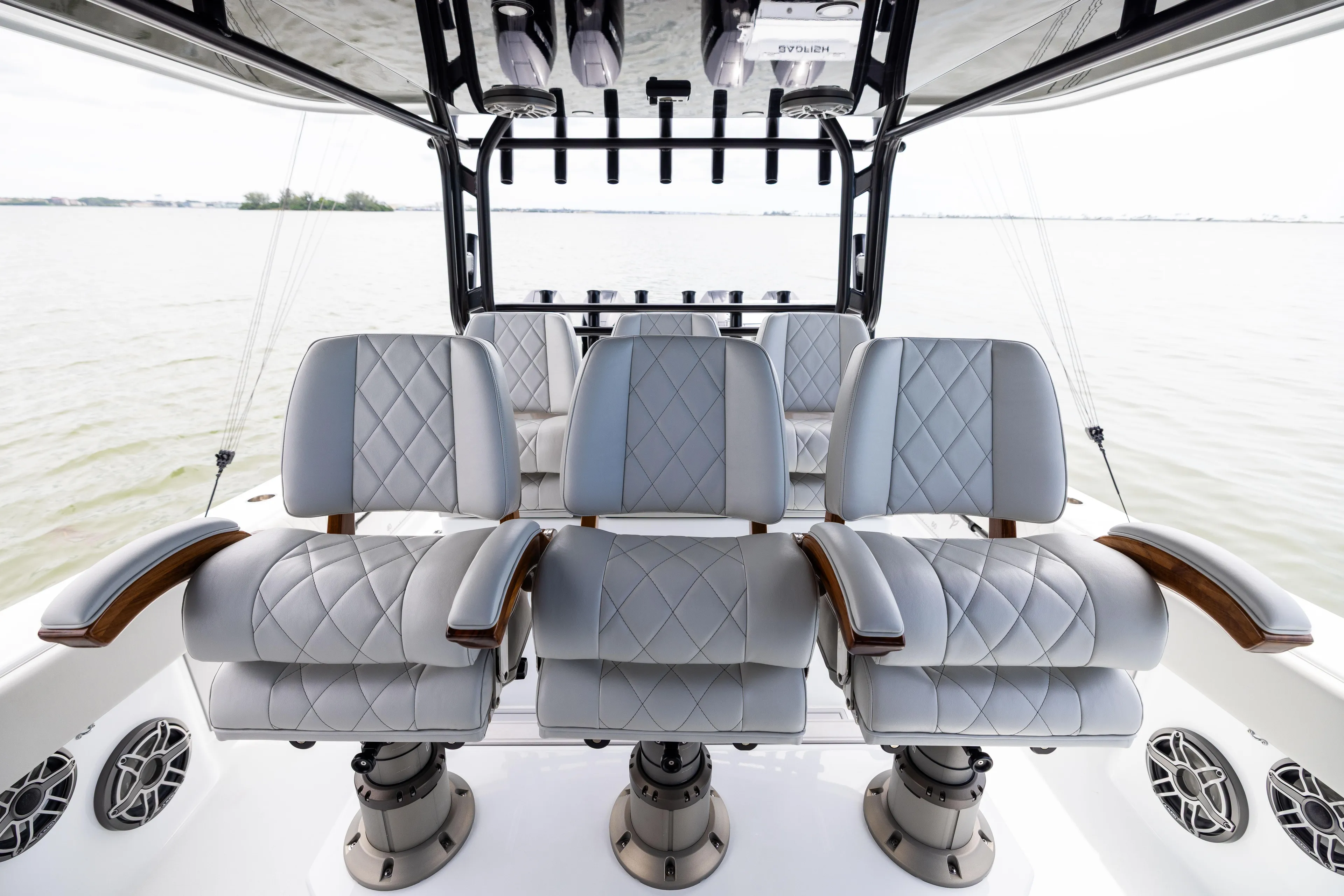  Yacht Photos Pics Luxurious seating on the 2025 Freeman 42 LR boat, featuring elegant quilted upholstery.
