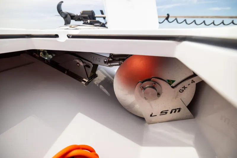  Yacht Photos Pics Freeman 42 LR 2025 boat anchor compartment with visible equipment and orange rope.