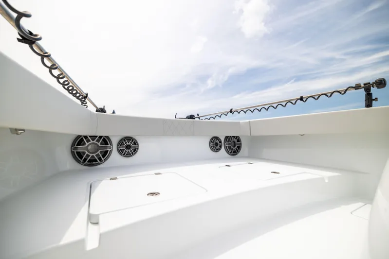  Yacht Photos Pics 2025 Freeman 42 LR boat interior with speakers and storage compartments under a clear sky.