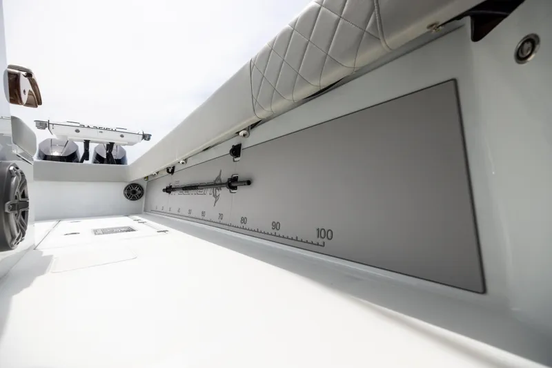  Yacht Photos Pics 2025 Freeman 42 LR boat interior with measurement scale and seating.