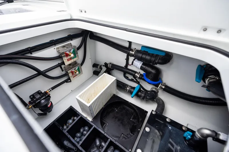 Yacht Photos Pics Engine compartment of 2025 Freeman 42 LR boat, showcasing wiring and components.