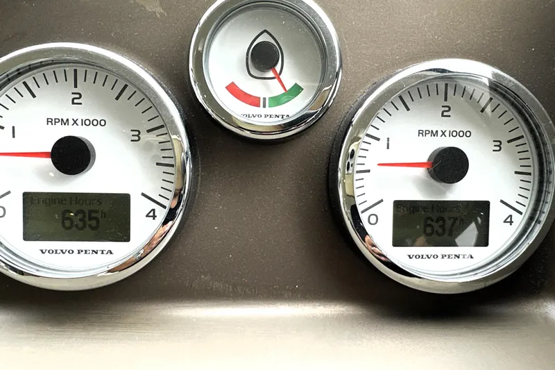 Snusie Q Yacht Photos Pics Dashboard of a 2014 Prestige 450 with Volvo Penta gauges displaying engine hours.